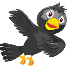 Cartoon Black Bird With Yellow Beak Mid Flight On Transparent Background