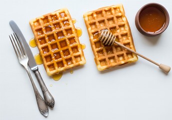 Two golden waffles drizzled with honey sit on a white surface next to a fork, knife, and honey dipper, creating a sweet and delicious breakfast scene.
