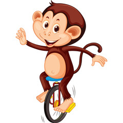 Cartoon Monkey Riding a Unicycle with a Tail and a Happy Expression on a White Background