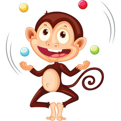 Cartoon Monkey Juggling Colorful Balls on a White Background with Swirling Motion Lines Indicating Playful Activity