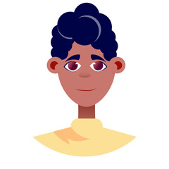 Flat Graphic Design Portrait of a Young Man with Dark Curly Hair and Light Skin Wearing a Yellow Turtleneck Sweater with Subtle Orange Markings Against a White Background Simple and Clean Style