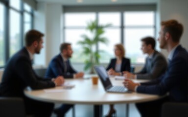 Business people engaged in round table discussion in conference room. Blurred image business partners meeting. Interior setting highlights modern business lifestyle, corporate convention. Focused on