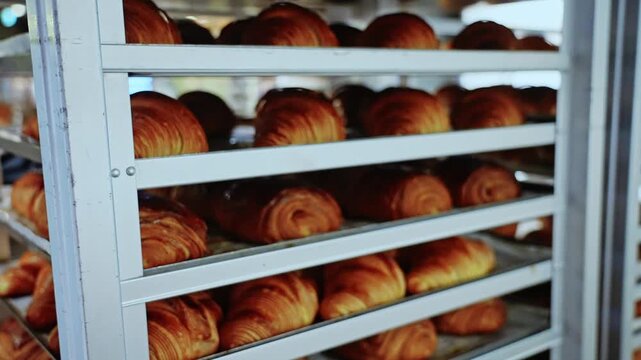 Trays of freshly baked croissants in a bakery. Bread making business