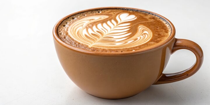 Latte Art Brown Mug, Leaf Design, Coffee Composition, Close-up, Beverage Photography. Coffee, Latte