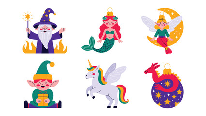 Enchanting Festive Ornaments: A whimsical collection of unique ornaments featuring a wizard, a mermaid, an angel, an elf, a unicorn, and a dragon, ready to add a touch of fantasy to any holiday.