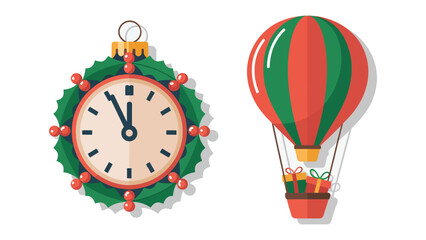 Christmas Ornament with Balloons: A Festive scene, a decorated clock ornament and Christmas balloon, set against a plain backdrop, evoking the spirit of holiday cheer and anticipation.