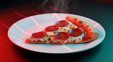 Hot steamy pepperoni pizza slice on plate, ready to eat, tempting comfort food, late night snack, culinary delight, delicious dinner, Italian cuisine
