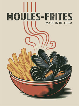 Minimalist retro poster of mussels and fries with art deco steam lines. &ldquo;MOULES-FRITES&rdquo; and &ldquo;MADE IN BELGIUM&rdquo; text. Clean vector art in navy, cream, and mustard tones.