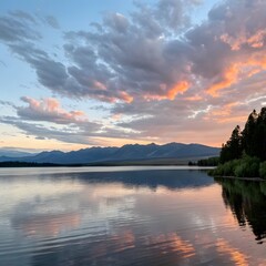 Fototapeta premium Tranquil Lake at Dawn with Pastel Sky and Silhouetted Mountains