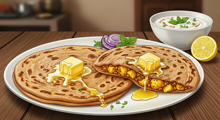 Delicious paneer paratha with melting butter, served with yogurt and lemon on a wooden table ready to be enjoyed, Indian cuisine delight