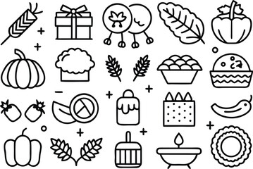Diwali festival and harvest outline icons collection; celebration elements