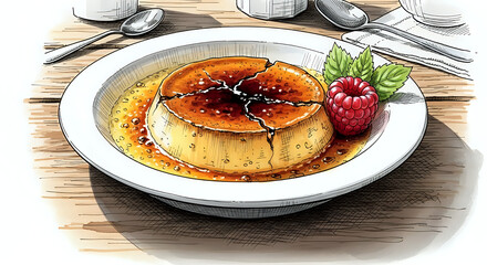 Indulge in decadent crème brûlée, a sweet and creamy custard dessert with a crisp caramelized sugar crust, garnished with a fresh raspberry and mint leaves