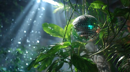 Disco Ball Hanging Among Plants with Sun Rays Adding a Mystical Ambiance