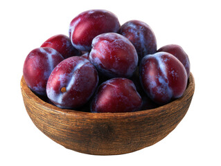 Obraz premium Bowl of Juicy Plums: A wooden bowl brimming with plump, ripe plums, showcasing their vibrant color and succulent texture, offering a refreshing and healthy treat.