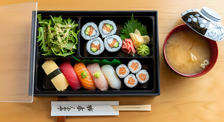 Enjoy delicious sushi bento box with fresh rolls, salad, and flavorful miso soup for a delightful and satisfying Japanese cuisine experience today