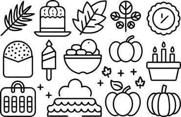 Festive autumn and thanksgiving outline symbols vector collection