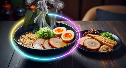 Savor the Flavorful Fusion: A Delicious Bowl of Steaming Ramen with Vibrant Toppings, Perfect for Food Blogs, Restaurant Menus, and Social Media Campaigns!