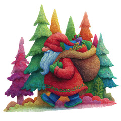 Holiday Cheer in the Forest: A jolly figure, bearing a sack of holiday gifts, merrily strolls through a vibrant forest, spreading cheer and festive spirit.