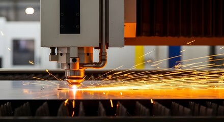Close up of a high tech industrial laser cutting machine creating sparks on metal sheet