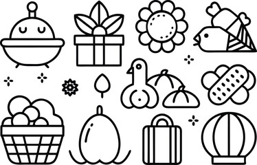 Fototapeta premium Diverse collection of outline icons featuring various objects and themes