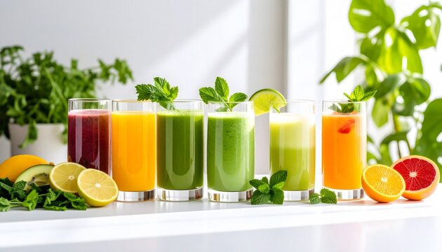 Vibrant array of colorful fruit and vegetable smoothies with fresh mint garnish on white surface