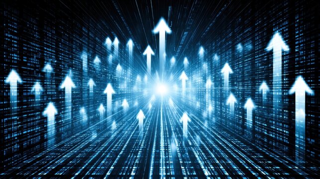 Dynamic Illustration of Ascending Arrows in a Digital Space Representing Growth and Progression in Technology and Data Visualization