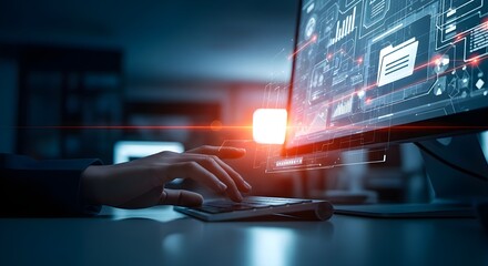 Close up of a person s hands typing on a computer keyboard with a futuristic digital interface displayed on the screen
