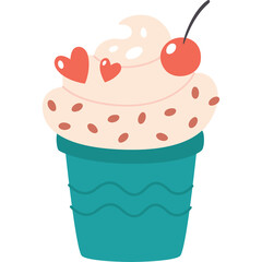 Creamy Dessert with Toppings and Cherry in a Teal Cup with Wavy Design and Transparent Background