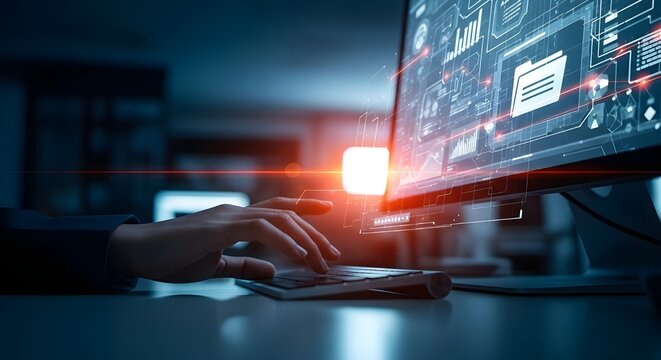 Close up of a person s hands typing on a computer keyboard with a futuristic digital interface displayed on the screen
