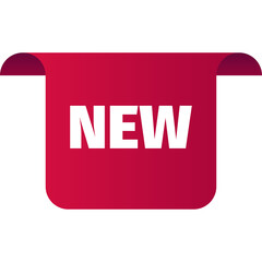 Crimson Red Ribbon Tag With White Text NEW Bold Uppercase Simple Design With Transparent Background Clean Vector Graphic