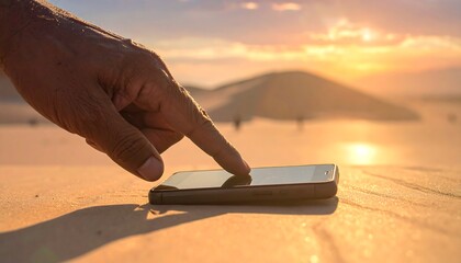 Using a smartphone on a sandy beach at sunset.