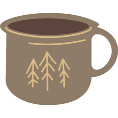 Cozy Brown Camp Mug With Pine Tree Illustration And Light Brown Rim On White Background Ideal For Outdoor Adventures