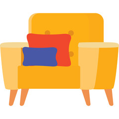 Cozy Orange Armchair With Red And Blue Pillows On Transparent Background Mid Century Modern Style Furniture Illustration