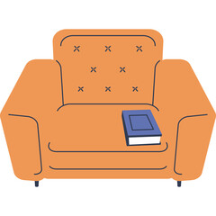 Cozy Orange Armchair With A Blue Book Resting On The Seat Indoors Ready For Reading And Relaxation With Soft Natural Lighting