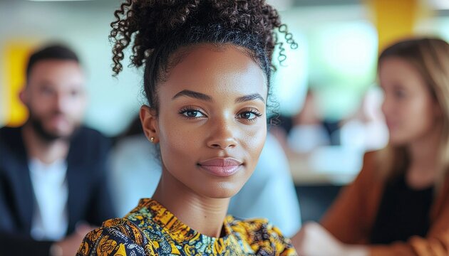 Portrait of a young woman casual attire, against the backdrop of multiracial colleagues brainstorming ideas in a modern office, 