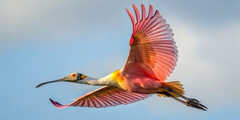 Roseate Spoonbill in Flight Wingspan Composition, Pastel Hues, Avian Beauty, Nature Photography Roseate Spoonbill, bird photography
