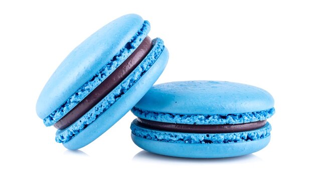 Two blue macarons with chocolate filling on a white background.