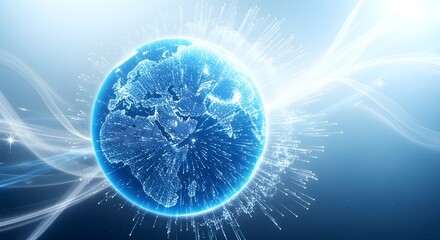 Abstract glowing blue sphere with intricate crystalline structure and light streaks in a dark background