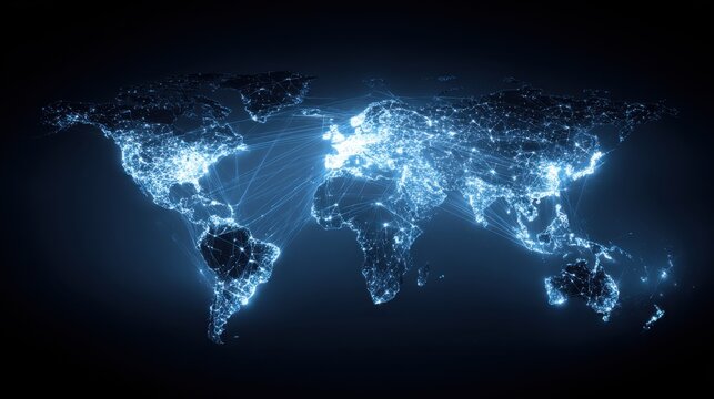 Stunning Digital World Map Visualization with Bright Connections Representing Global Networking and Data Flow
