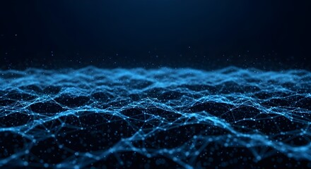 Abstract glowing blue digital network mesh on a dark background with depth of field