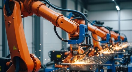 Industrial robotic arms performing welding operations in a modern manufacturing factory with sparks flying