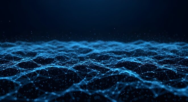 Abstract glowing blue digital network mesh on a dark background with depth of field
