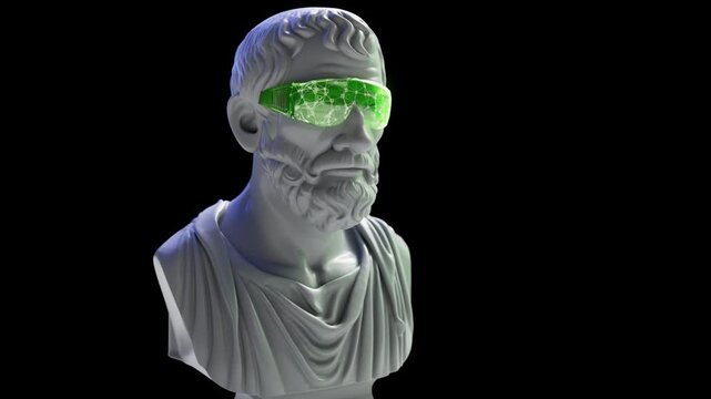 A marble philosopher bust with green digital glasses symbolizes the intersection of ancient philosophy and the age of artificial intelligence.