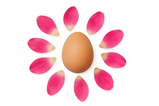 Egg surrounded by pink flower petals, transparent background