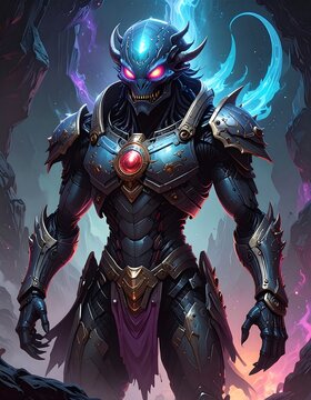 A regal, dark-skinned alien warrior in ornate armor, red eyes glowing with otherworldly power, posed against a nebulous background