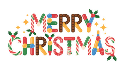 Merry Christmas: Festive lettering design featuring candy canes and ornaments, perfect for holiday greetings and seasonal joy.