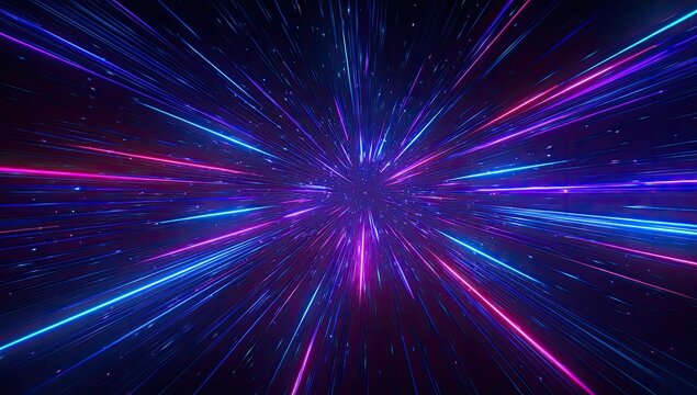 Dynamic cosmic burst of neon blue and magenta light streaks in abstract hyperspace