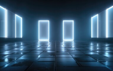 Futuristic dark room, glowing blue rectangular light portals, wet reflective tile floor