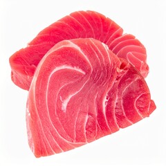 Fresh yellowfin tuna steaks with deep red flesh and firm, meaty texture, representing sushi-grade excellence, isolated on pristine white background.