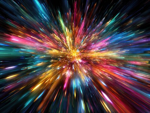 Dynamic multicolored light streaks radiating from a central point, abstract cosmic burst